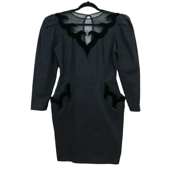 Isabel Allard Size 12 1980s Velvet Trim Puff Sleeve Tulip Dress Semi Sheer - Picture 1 of 8